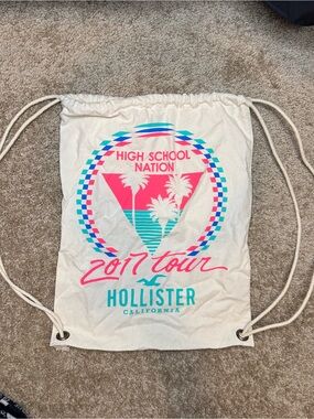 Hollister Cream Drawstring Bag with Bright Pink & Teal Graphic